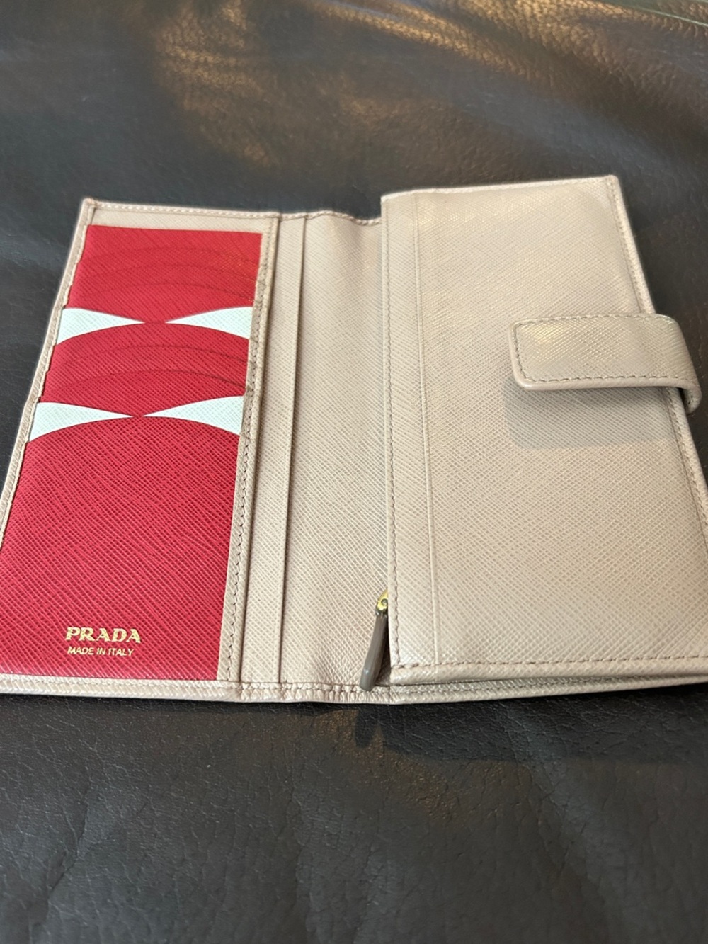 Prada Beige Saffiano Wallet with Red Card Panel